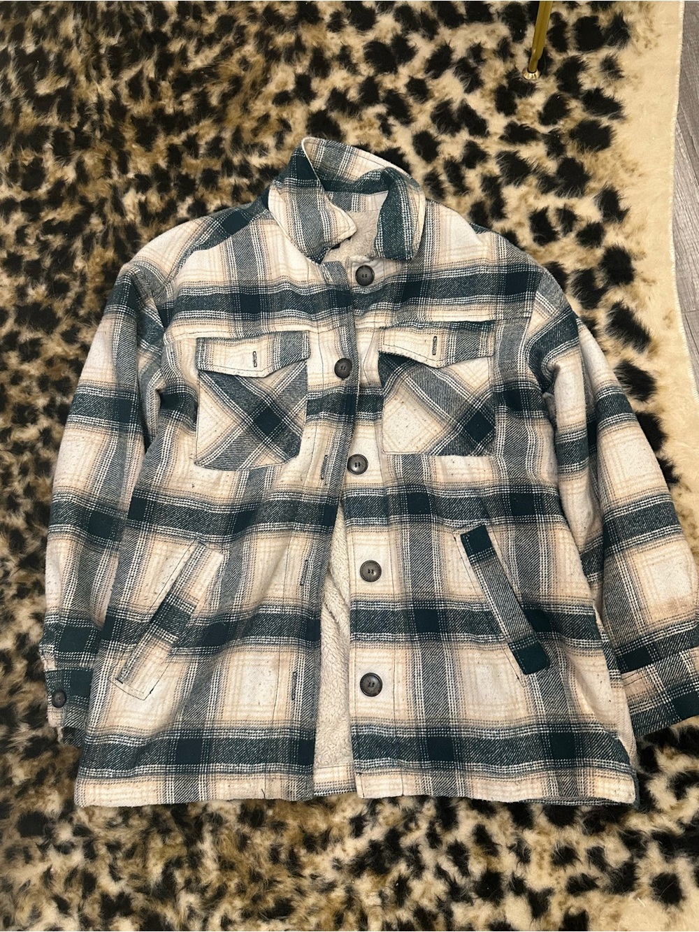 Love Tree Cream and Teal Plaid Sherpa-Lined Shacket